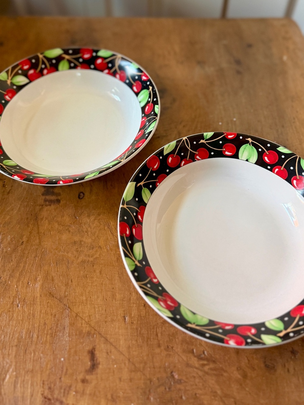 Mary Engelbreit Cherry-Patterned Black Rim Soup Bowls - Set of 2 and coffee mug